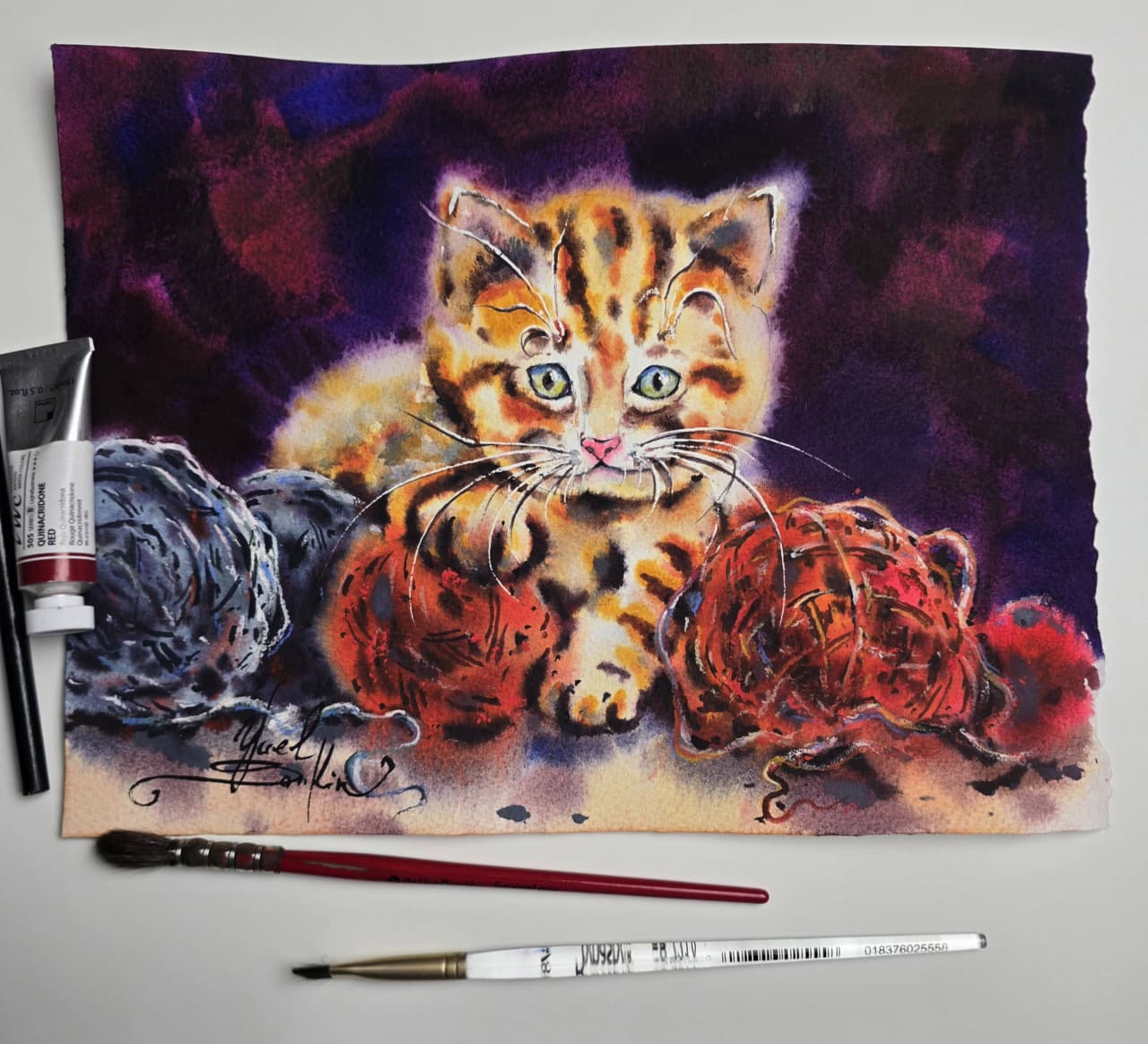 Kitten Watercolor Painting, Original Cat Wall Art with Yarn Balls, Pet Lover Gift — image 2