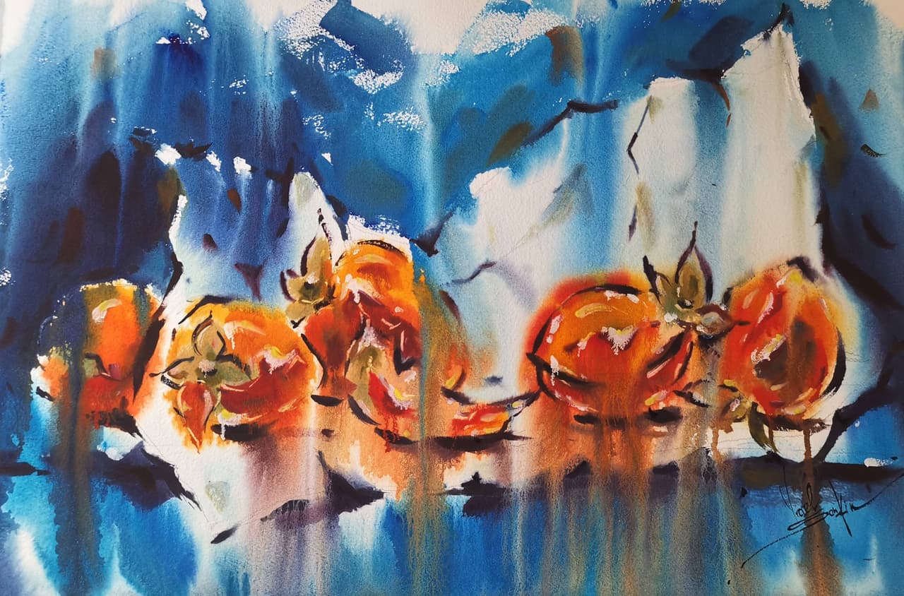 Original watercolor painting Fruit still life Persimmon painting — image 1