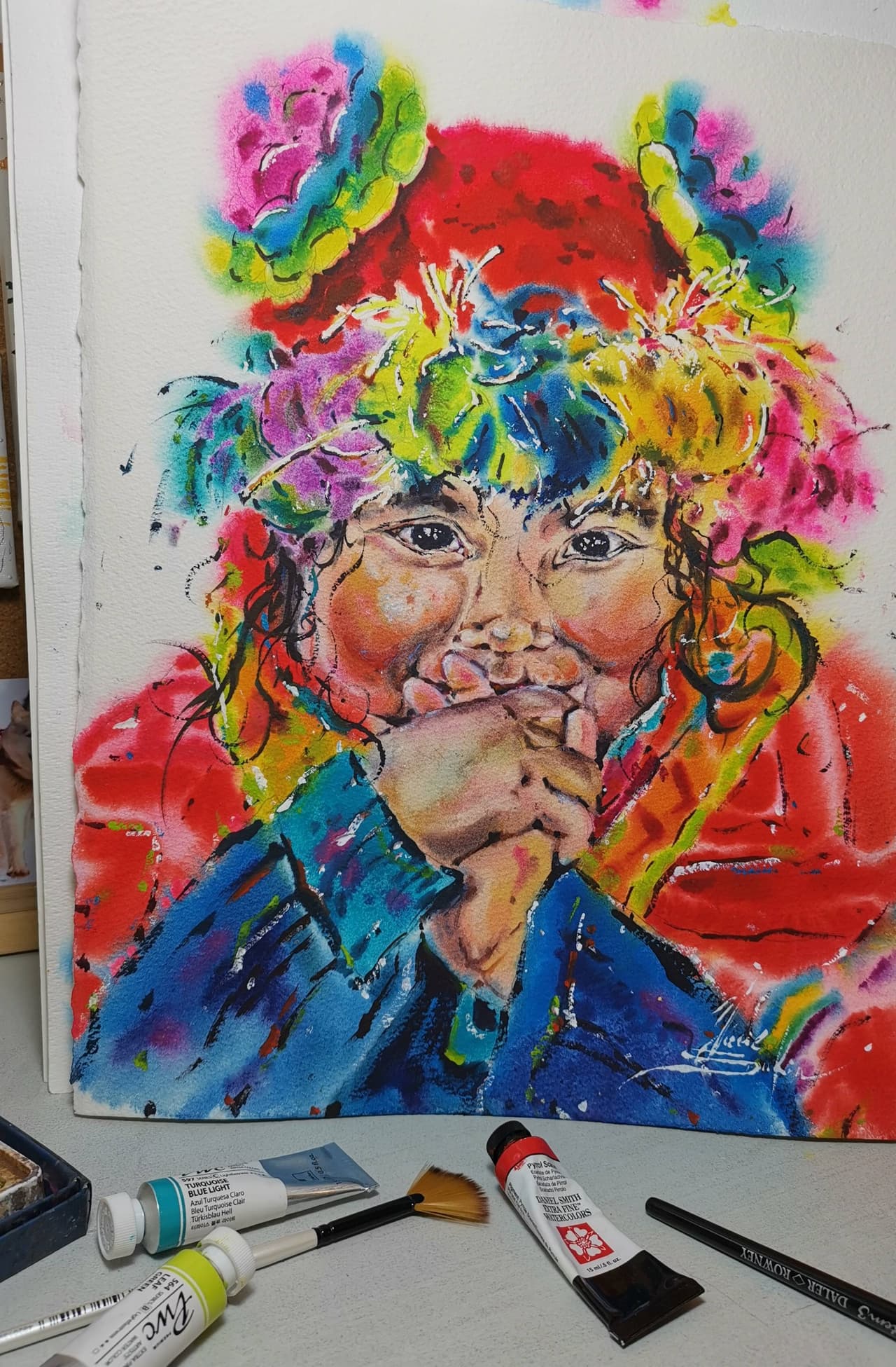 Original Watercolor Painting of Peruvian Child - Colorful Portrait Wall Art — image 1