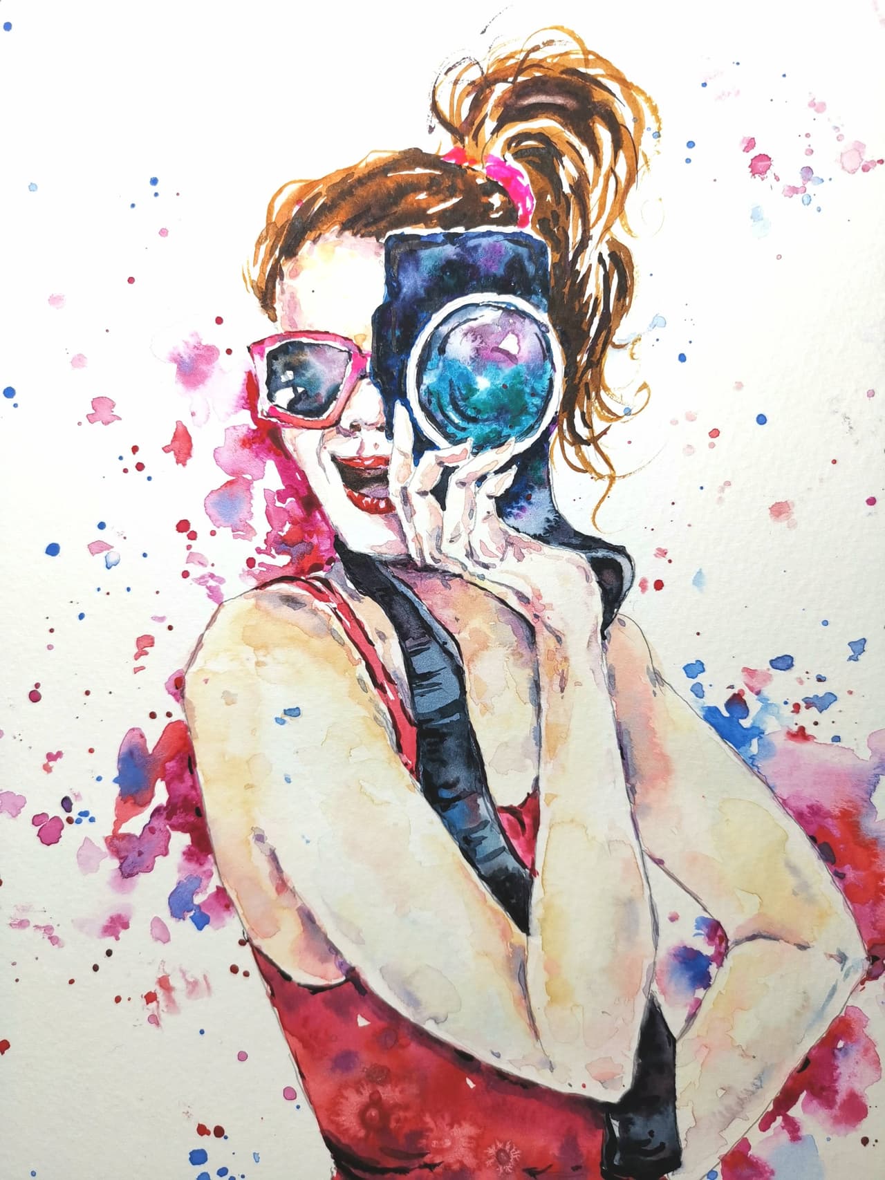 Original Watercolor Girl Photographer Painting - Modern Fashion Wall Art — image 2