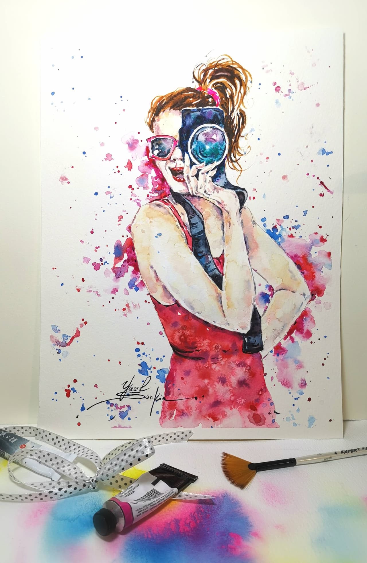 Original Watercolor Girl Photographer Painting - Modern Fashion Wall Art — image 1