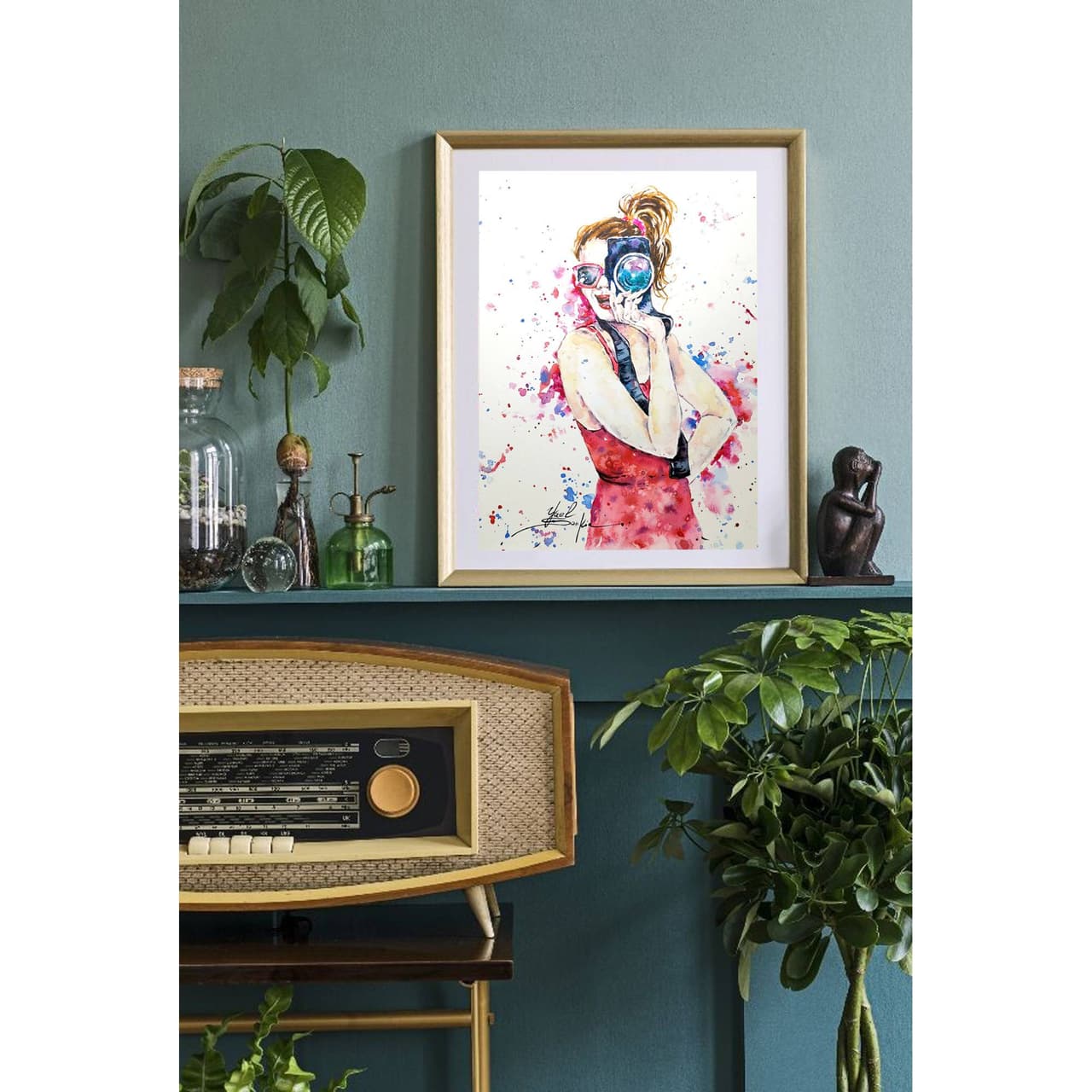 Original Watercolor Girl Photographer Painting - Modern Fashion Wall Art — image 3