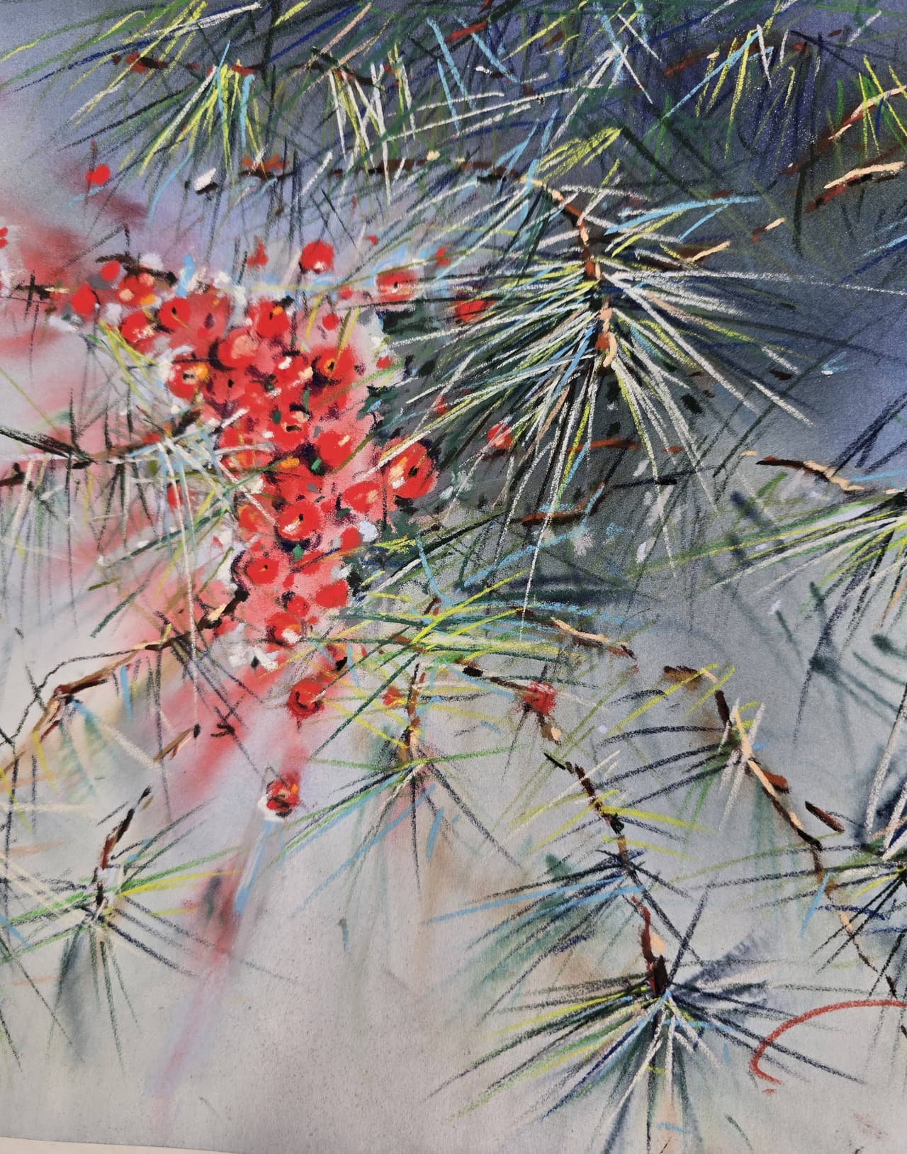 Pine Branch with Red Berries - Original Mixed Media Botanical Painting — image 2