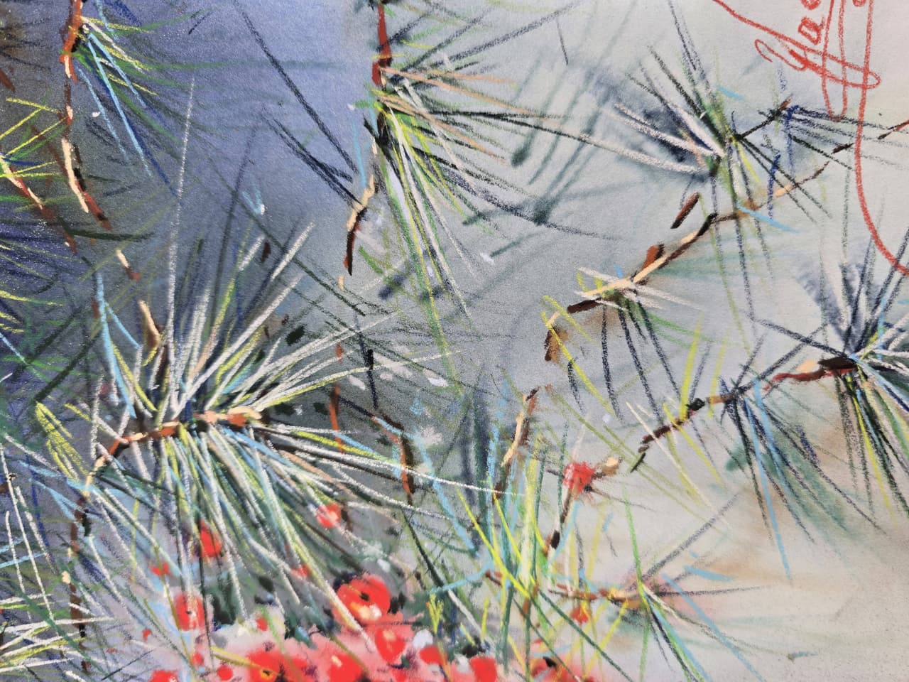 Pine Branch with Red Berries - Original Mixed Media Botanical Painting — image 3