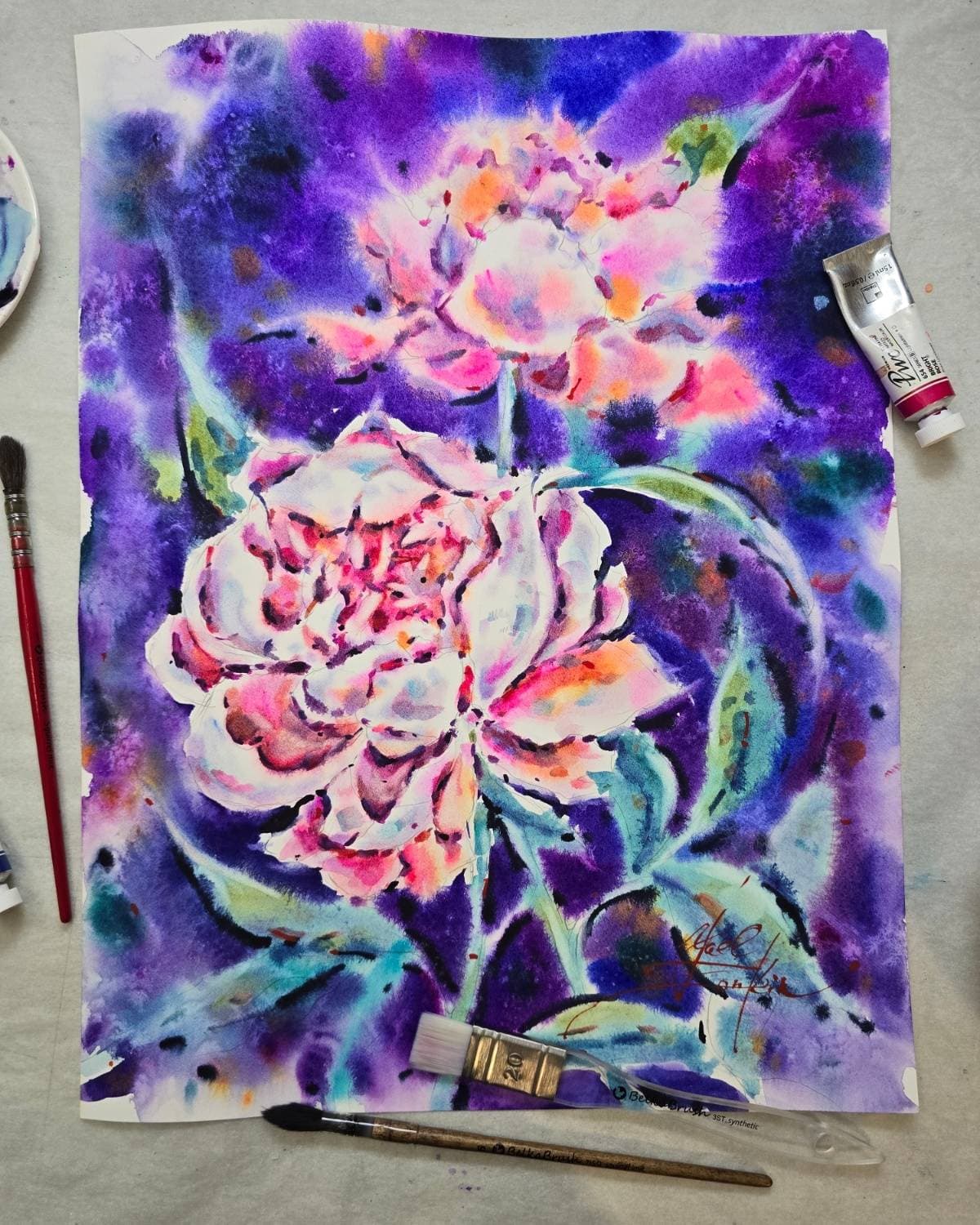 Original Pink Peonies Artwork Watercolor Painting - Floral Wall Art — image 3
