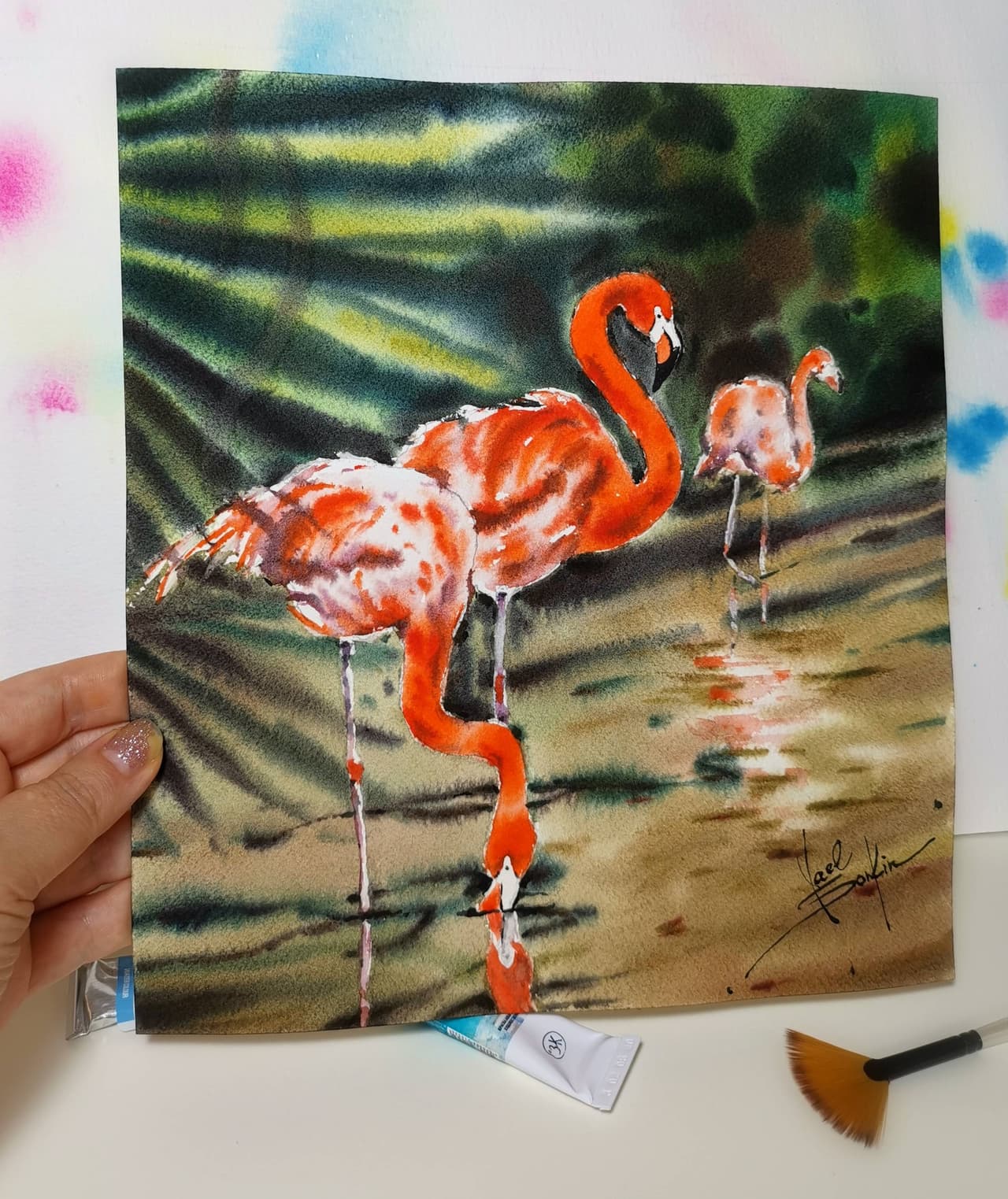 Flamingo Pair Art Original Watercolor Bird Painting — image 2