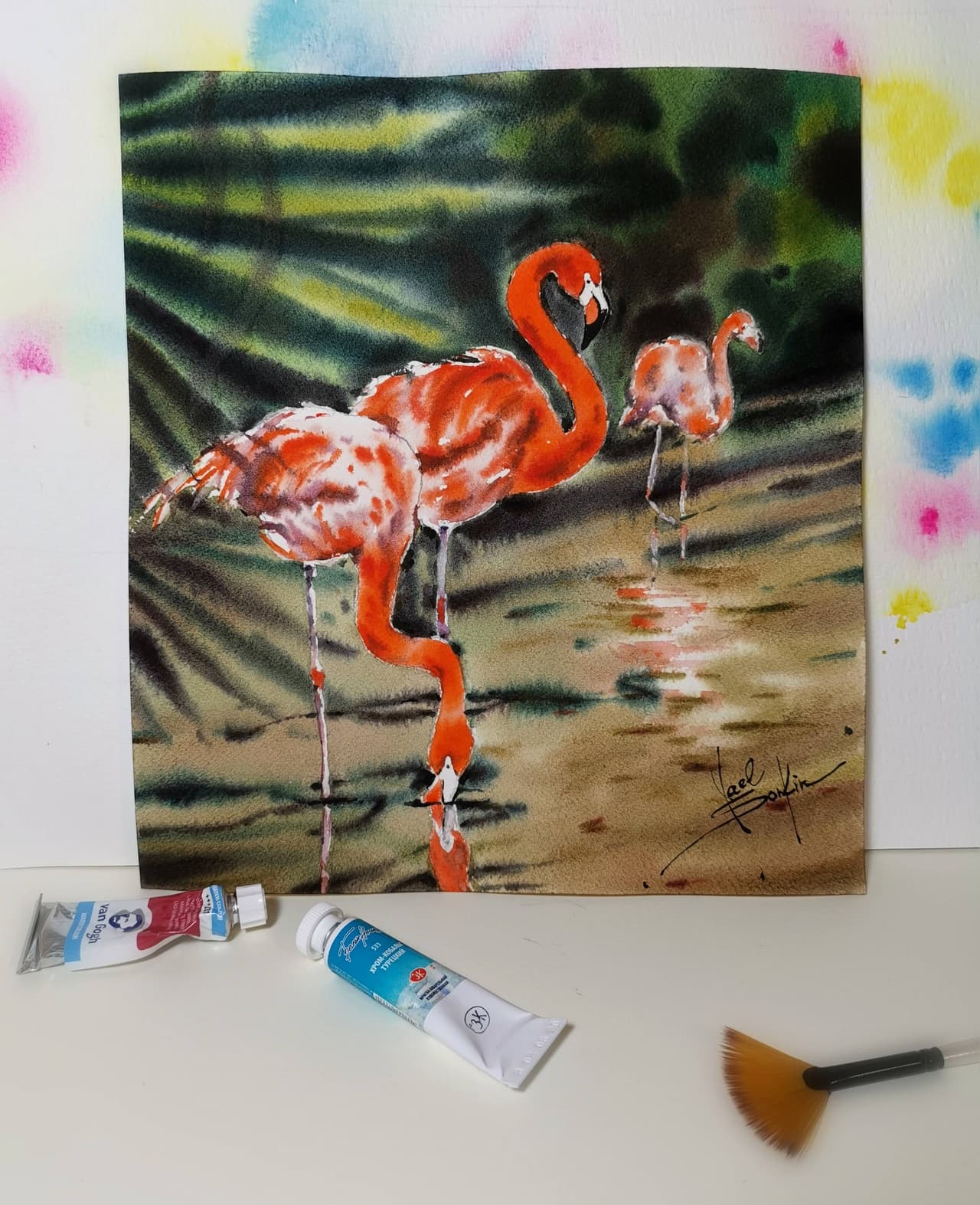 Flamingo Pair Art Original Watercolor Bird Painting — image 3