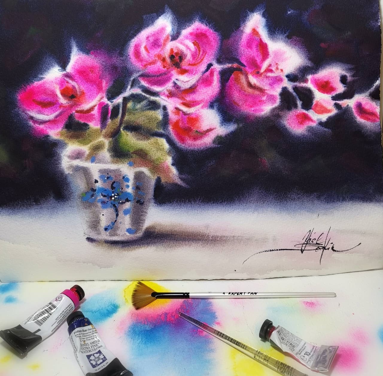 Original Watercolor Pink Orchid Flower Painting - Floral Wall Art — image 1