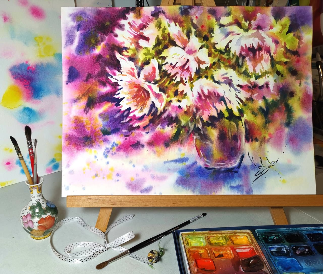 Original Watercolor Pink Peonies Bouquet Painting - Floral Wall Art — image 1