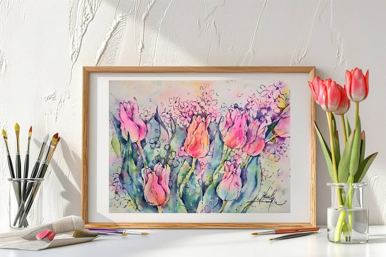 Pink Tulips Painting Original Watercolor Painting — image 2