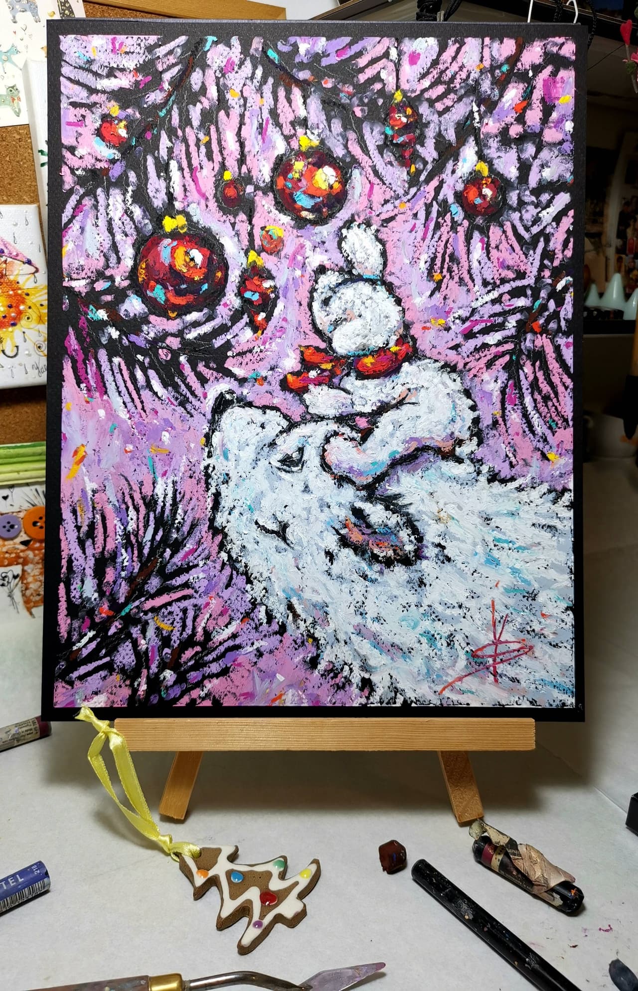 Original Oil Pastel Polar Bears Painting - Christmas Tree Wall Art — image 2