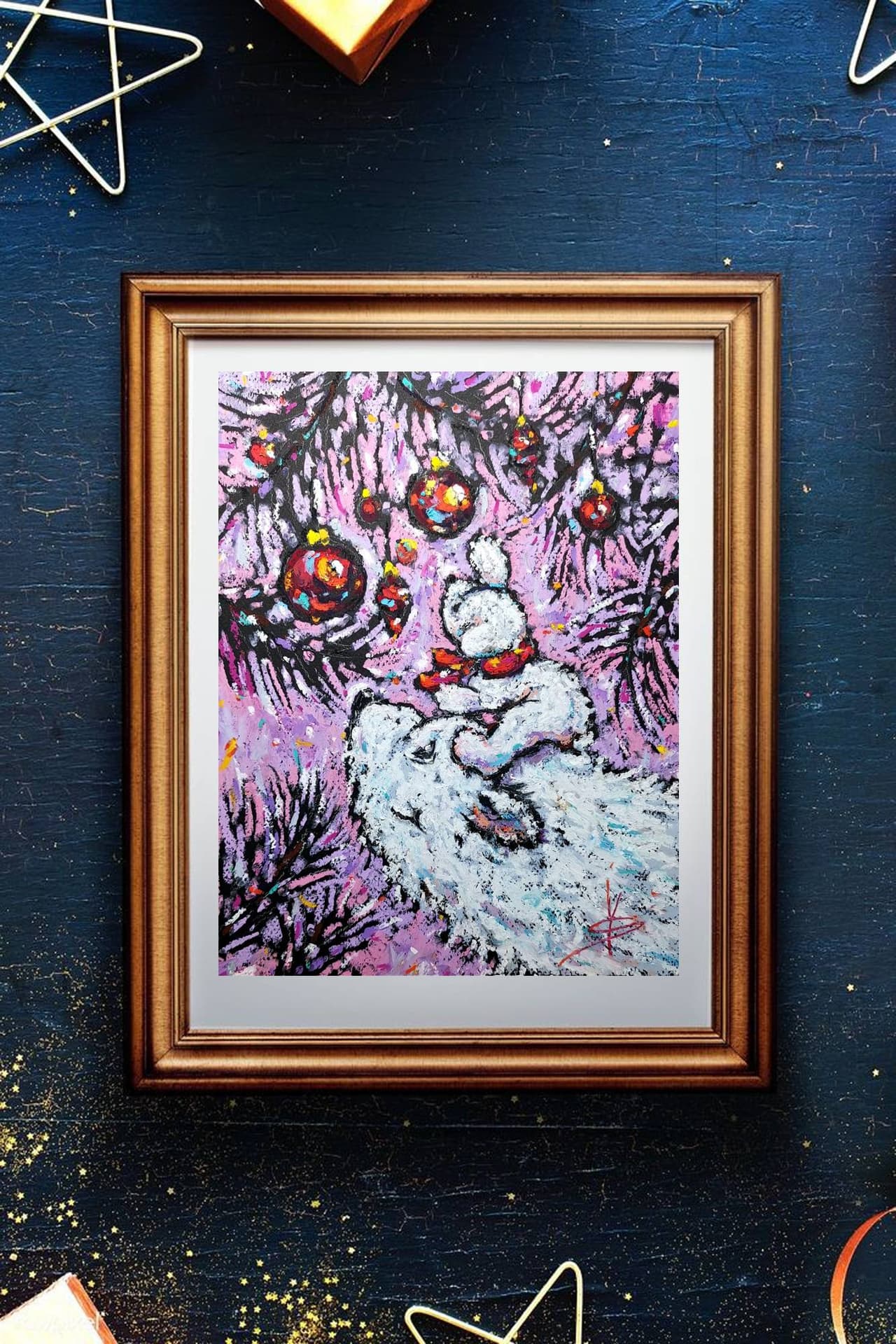 Original Oil Pastel Polar Bears Painting - Christmas Tree Wall Art — image 1