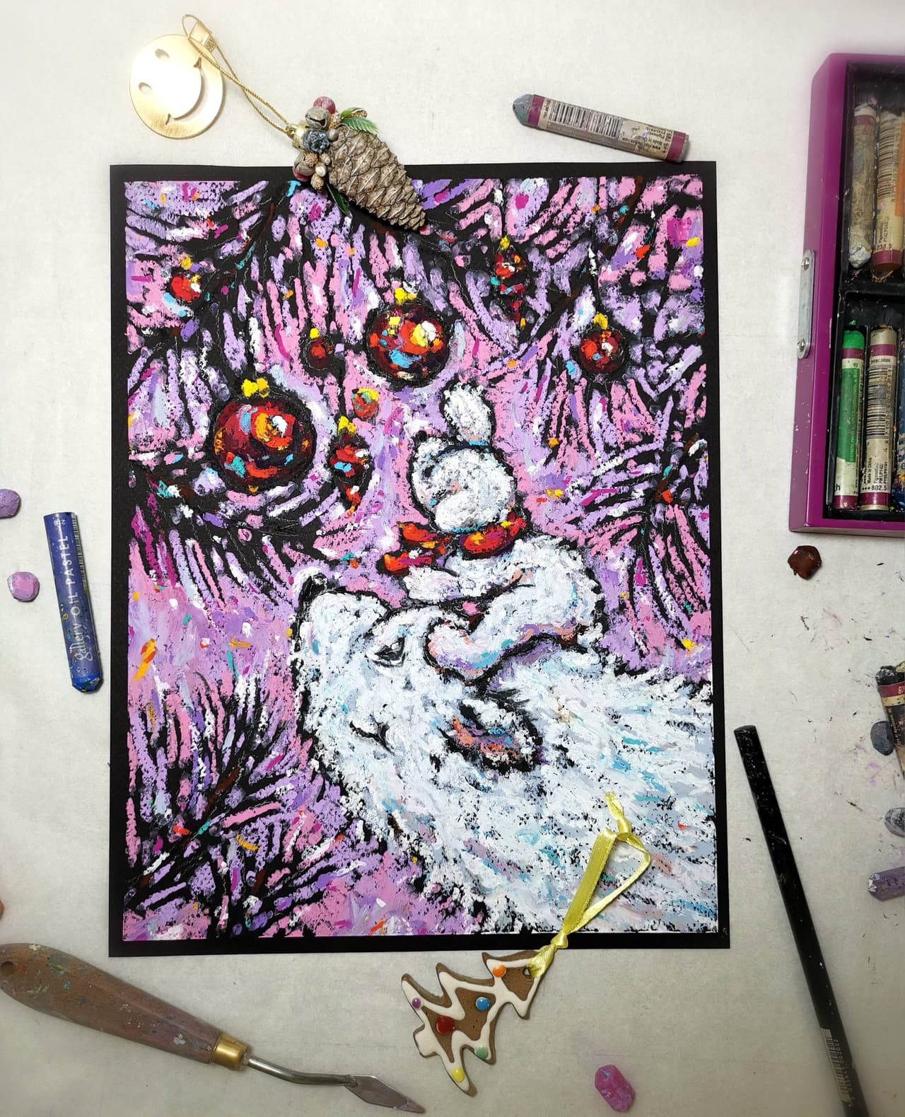 Original Oil Pastel Polar Bears Painting - Christmas Tree Wall Art — image 3