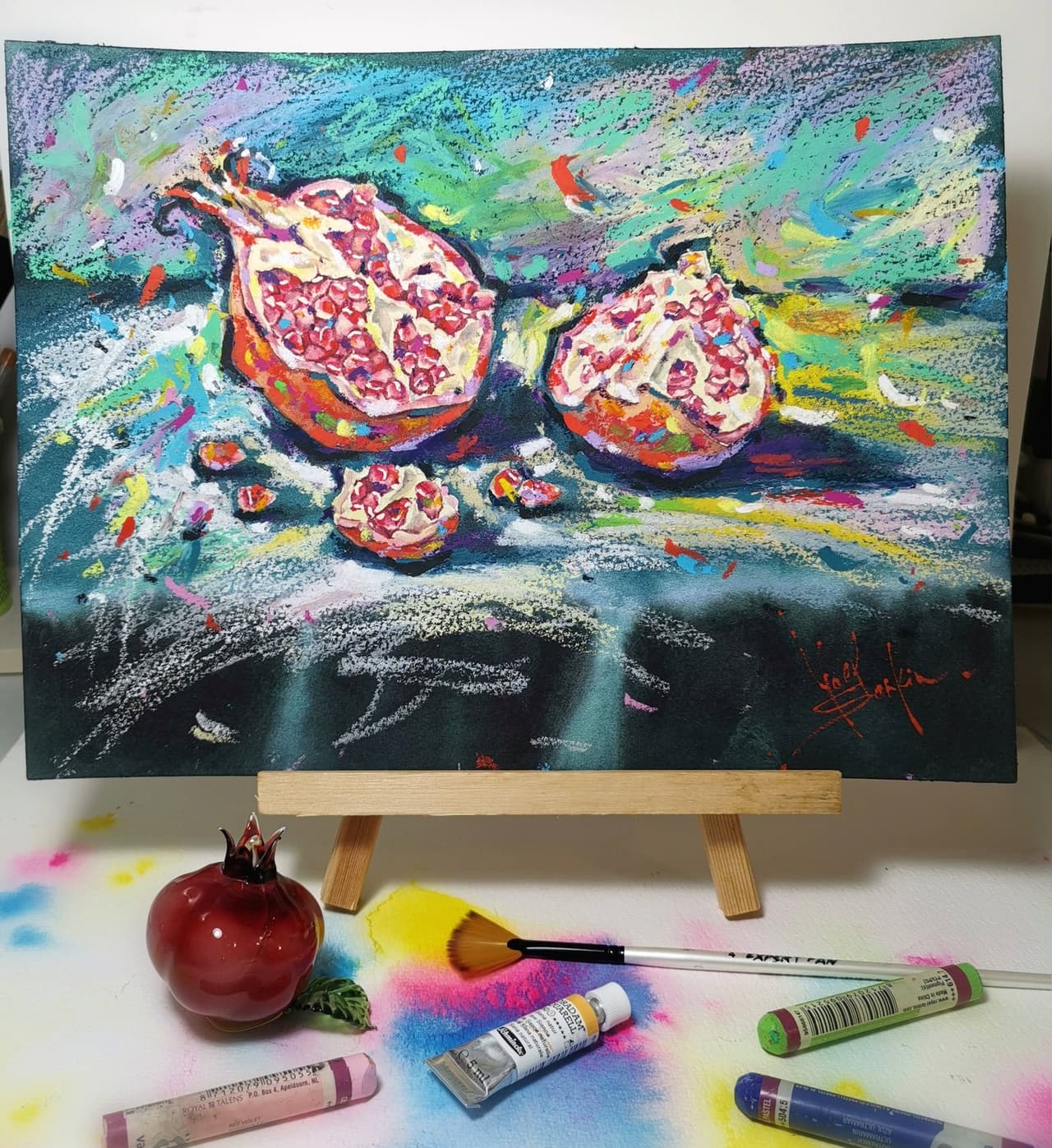 Original Mixed Media Pomegranates Painting - Fruit Still Life Wall Art — image 1