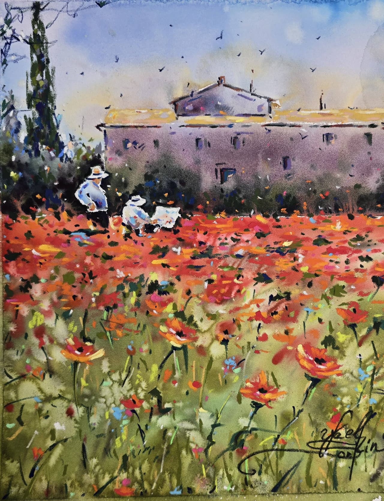 Poppy Field Mixed Media Painting - Original French Countryside Wall Art — image 1