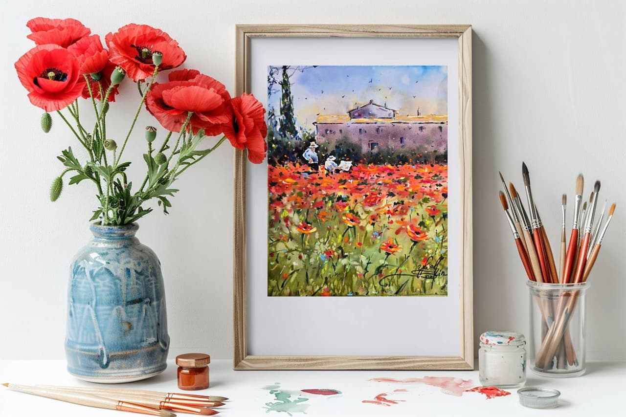 Poppy Field Mixed Media Painting - Original French Countryside Wall Art — image 4