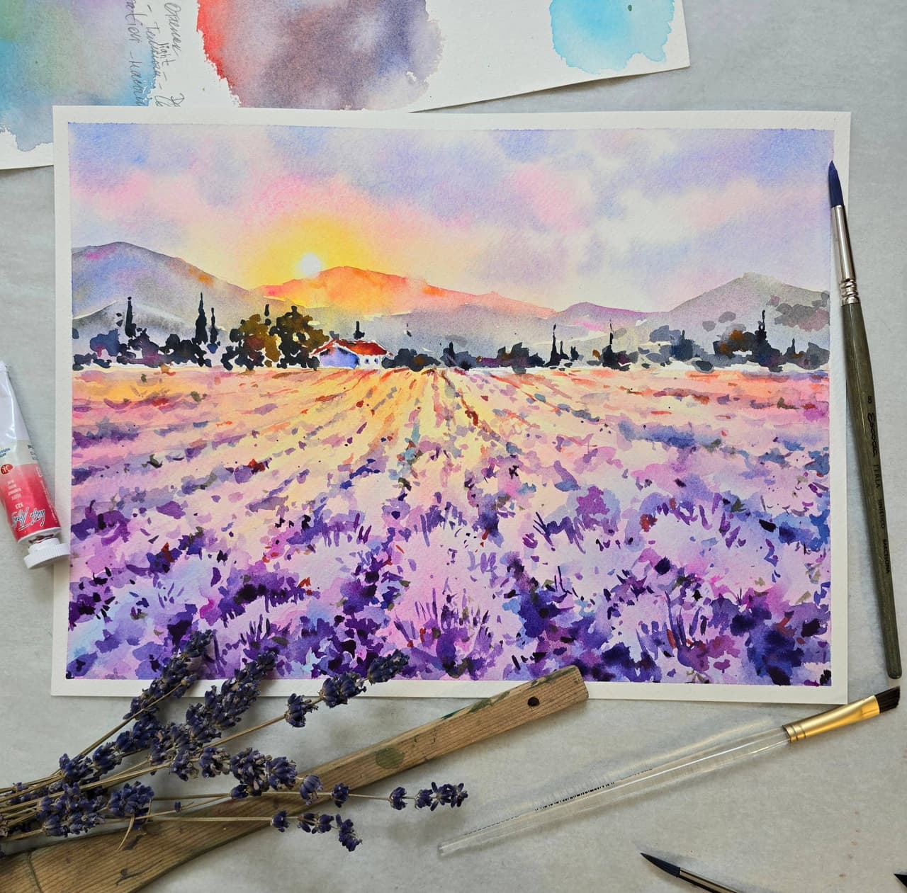 Provence Lavender field painting Original watercolor artwork — image 3