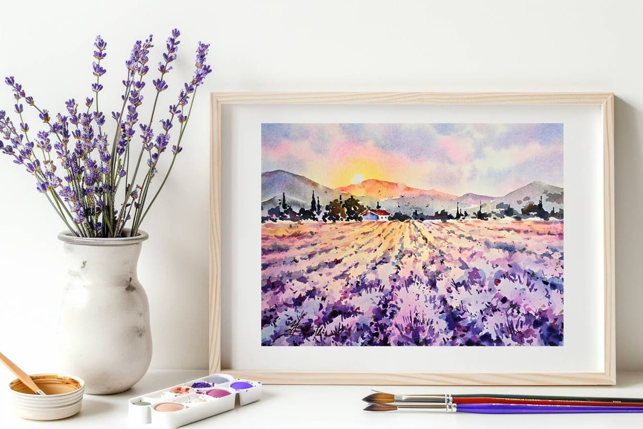 Provence Lavender field painting Original watercolor artwork — image 2
