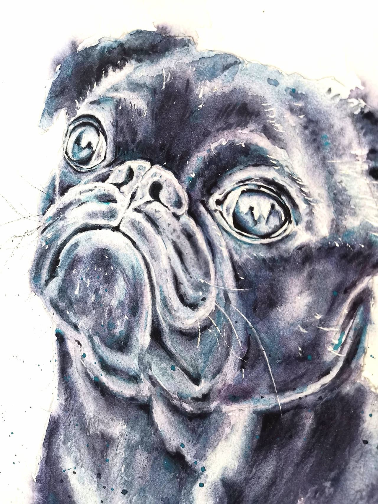 Original Watercolor Black Pug Dog Portrait Painting - Pet Wall Art — image 1