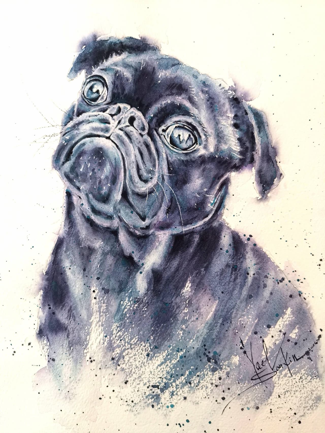 Original watercolor painting of a black pug dog portrait by artist Yael Natali. Hand-painted expressive pug with soulful eyes and detailed wrinkles in gray and violet tones. Pet art for dog lovers, modern animal watercolor decor, and unique handmade dog painting