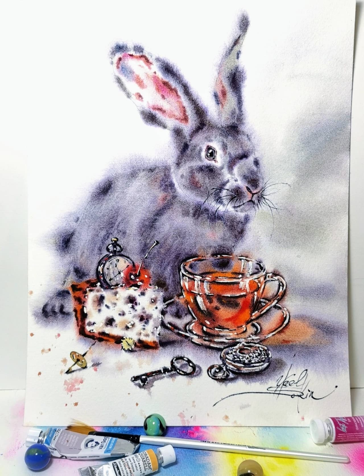 Original Watercolor Rabbit Painting - Vintage Tea Set Still Life Wall Art — image 1