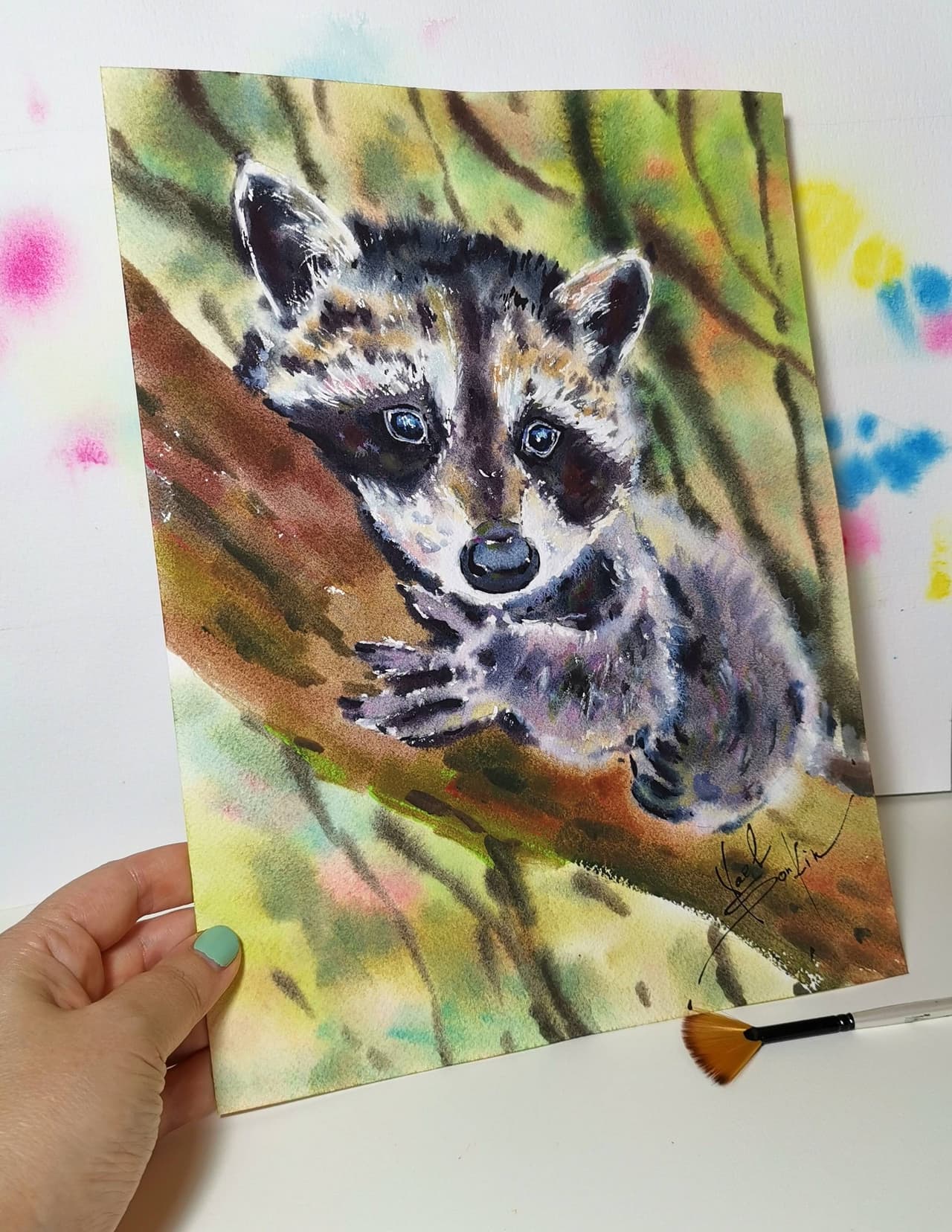 Original Watercolor Raccoon Painting - Wildlife Wall Art — image 1
