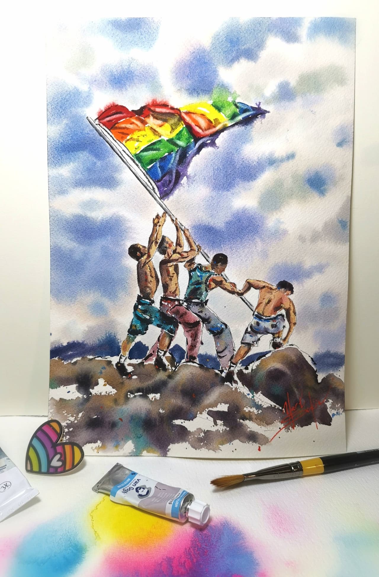 Rainbow Pride Gay Flag Art Rainbow Flag Painting Original Watercolor Pride Flag Artwork Gay Party Artwork LGBT Painting — image 2