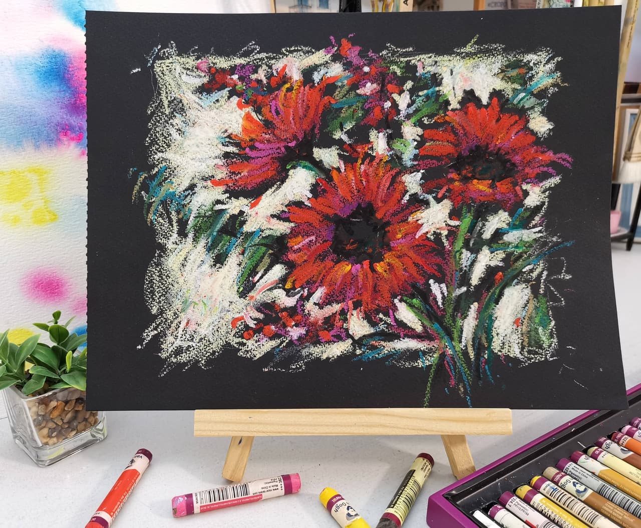 Red Gerbera Blooms - Original Oil Pastel Floral Painting — image 2