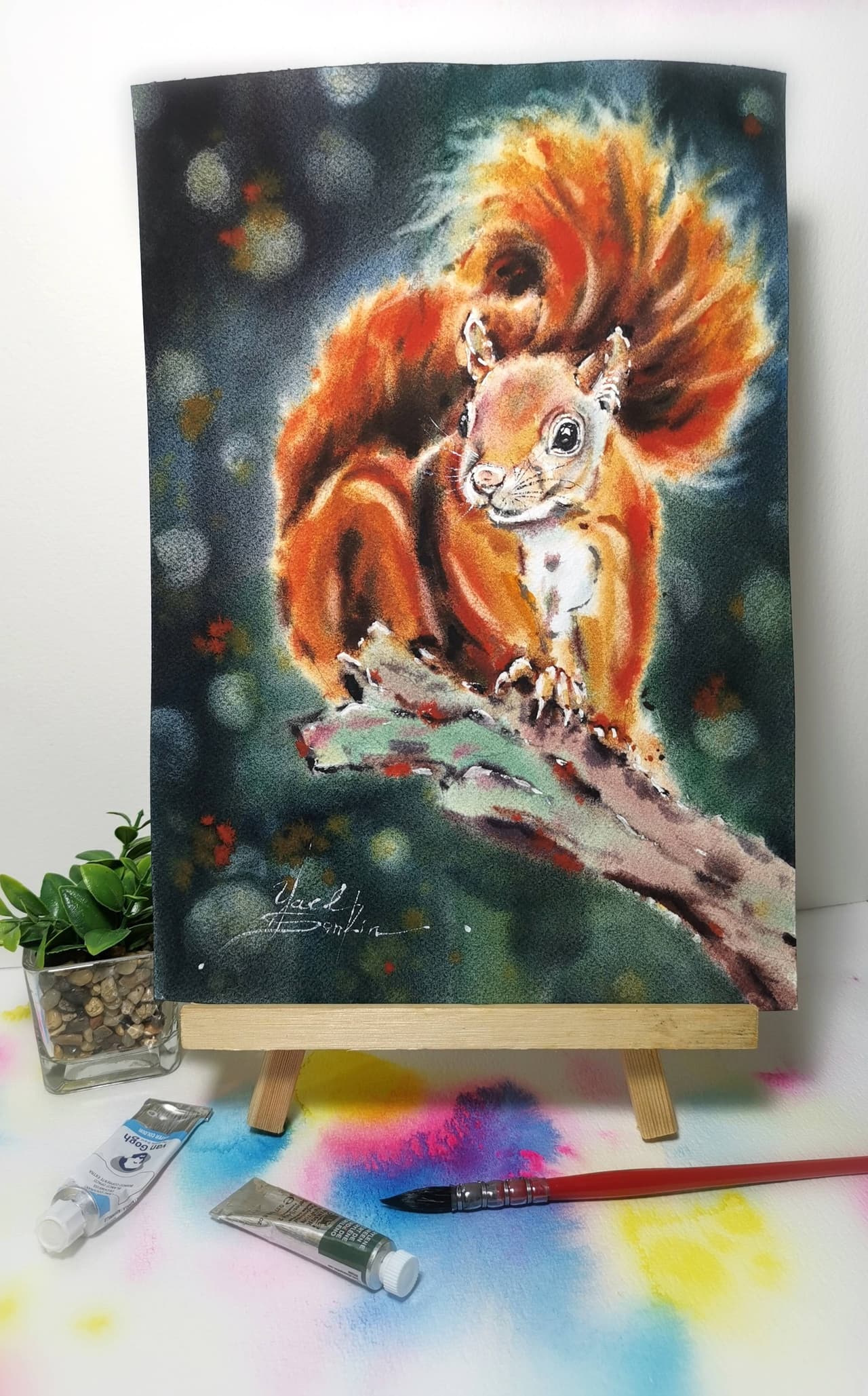 Original Watercolor Red Squirrel on a Branch Painting - Animal Wall Art — image 1