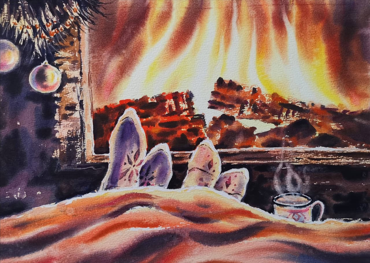 Fireplace Painting Original Watercolor Couple Painting  — image 1