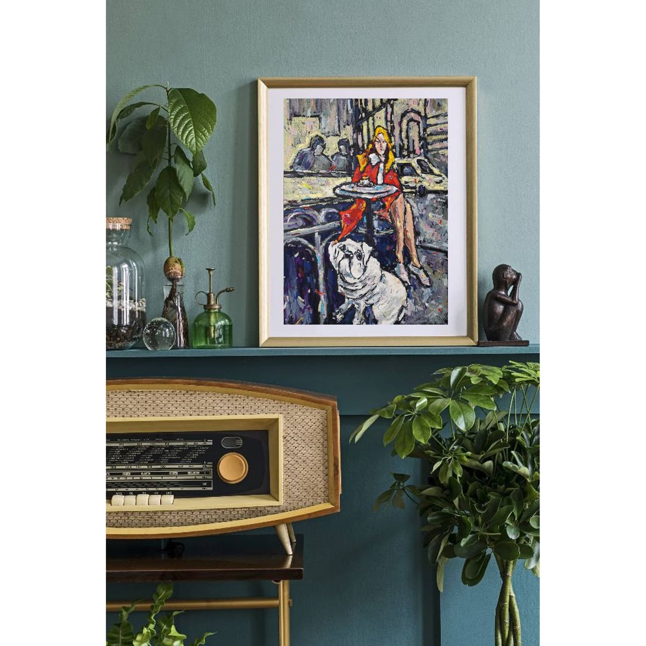 Original Oil Pastel Painting - Lady in Red with Bulldog - Urban Café  Scene Wall Art — image 3