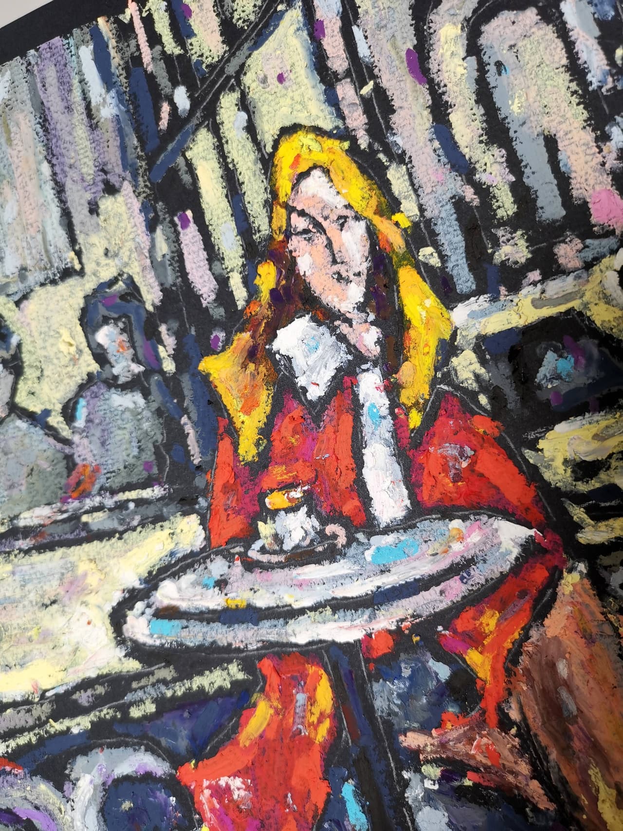 Original Oil Pastel Painting - Lady in Red with Bulldog - Urban Café  Scene Wall Art — image 1