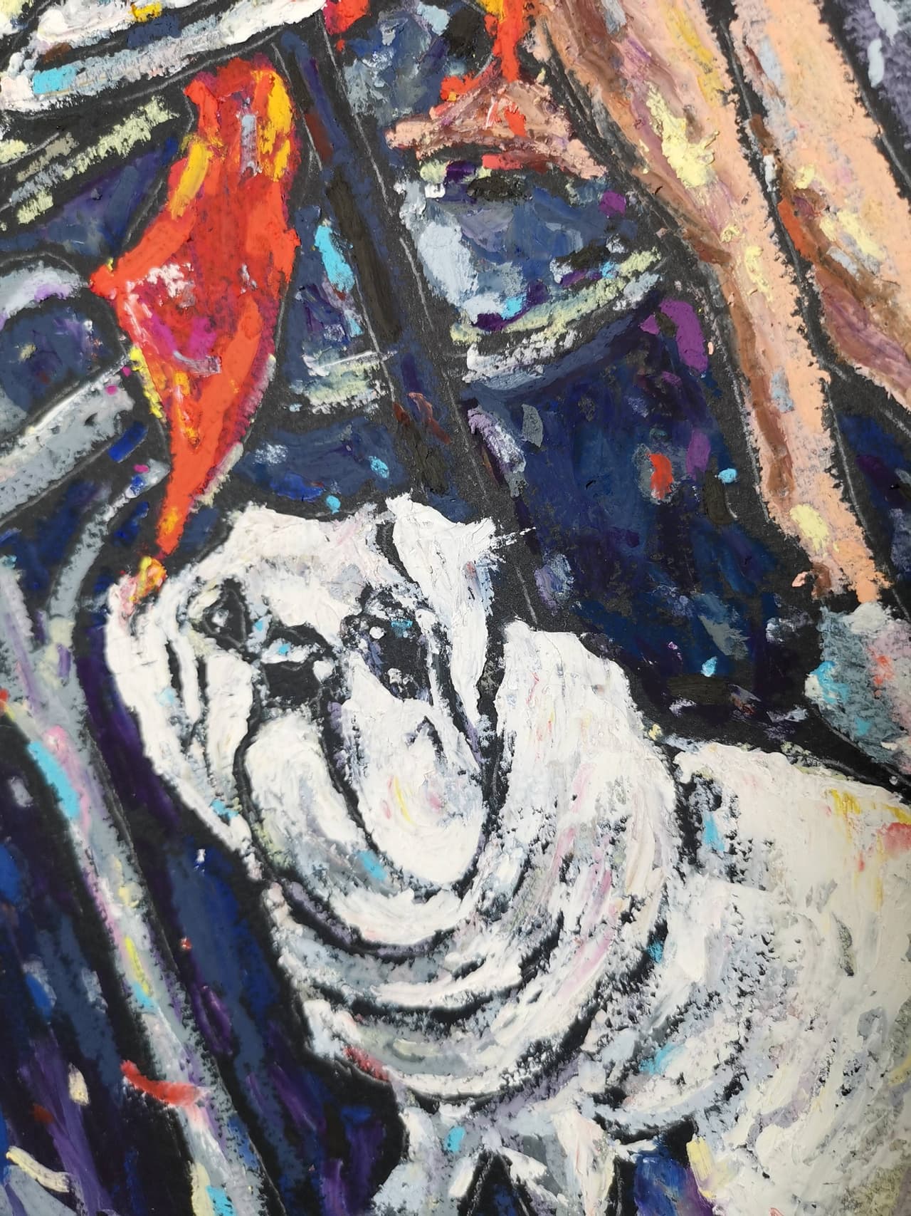 Original Oil Pastel Painting - Lady in Red with Bulldog - Urban Café  Scene Wall Art — image 2