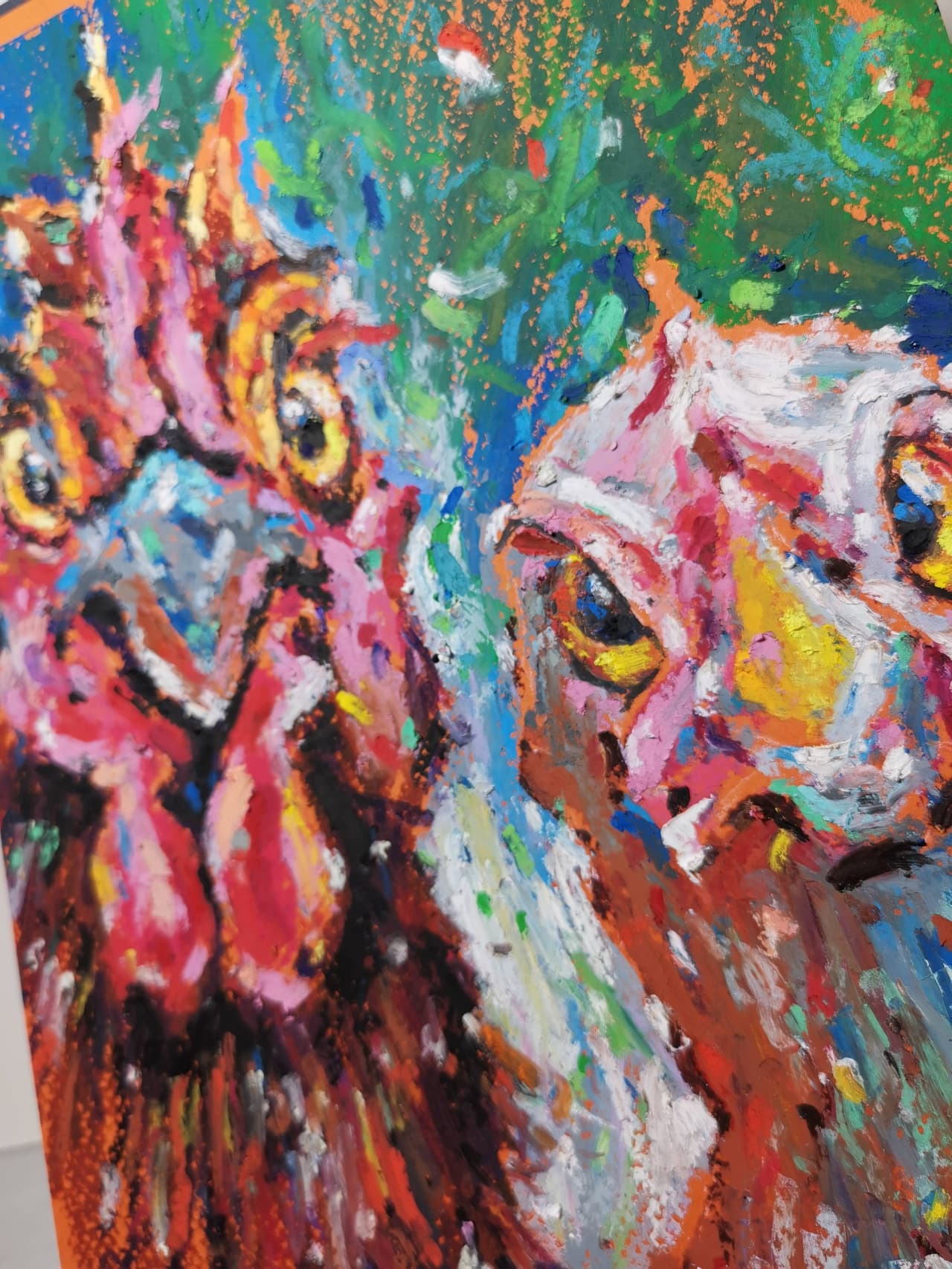 Original Rooster and Hen Oil Pastel Painting - Rustic Countryside Life Wall Art — image 1