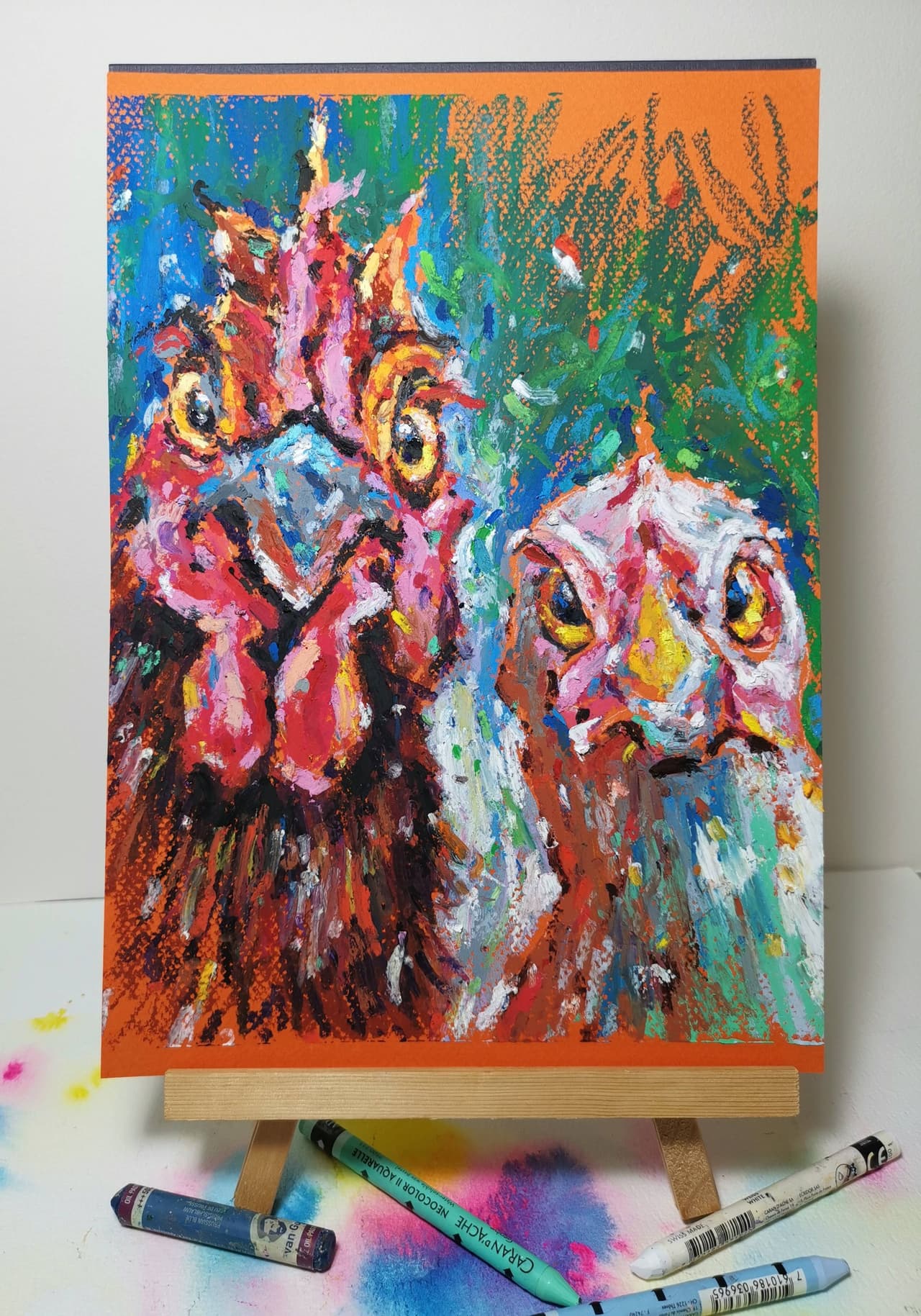 vibrant rooster and hen portrait in oil pastels, symbol of rural countryside living and farm animals