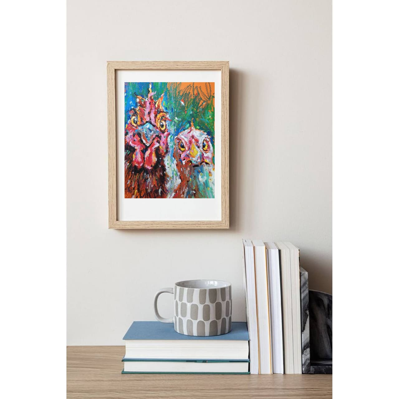 Original Rooster and Hen Oil Pastel Painting - Rustic Countryside Life Wall Art — image 2