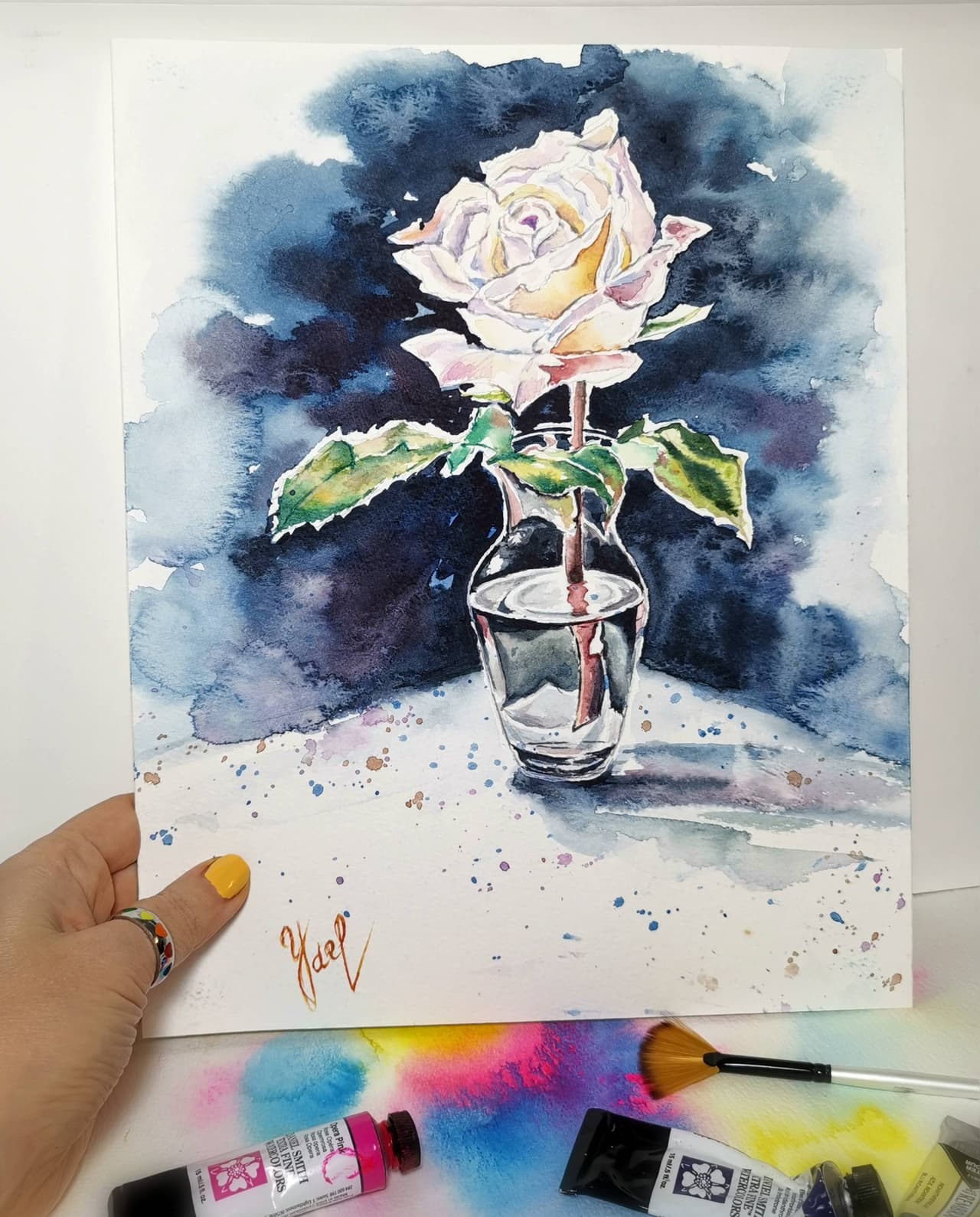 White rose painting Original watercolor painting — image 2