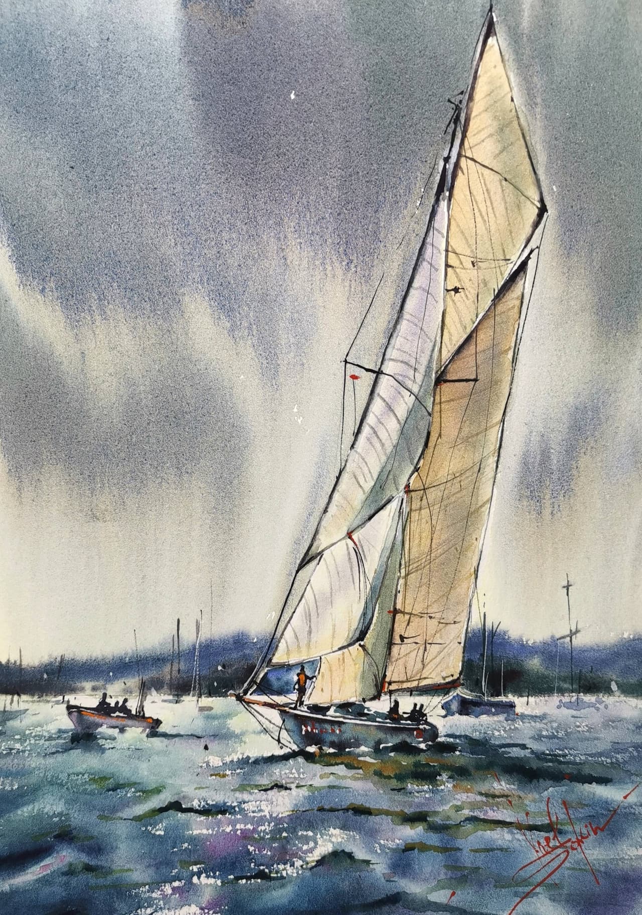 Sailing yacht painting Seascape artwork Original watercolor painting Sailing boat painting Sailboat artwork Travel painting Regatta painting  — image 1
