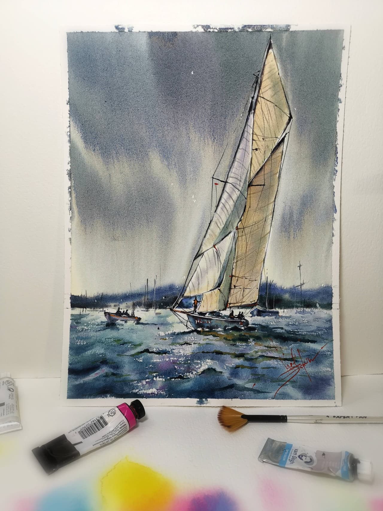 Sailing yacht painting Seascape artwork Original watercolor painting Sailing boat painting Sailboat artwork Travel painting Regatta painting  — image 3