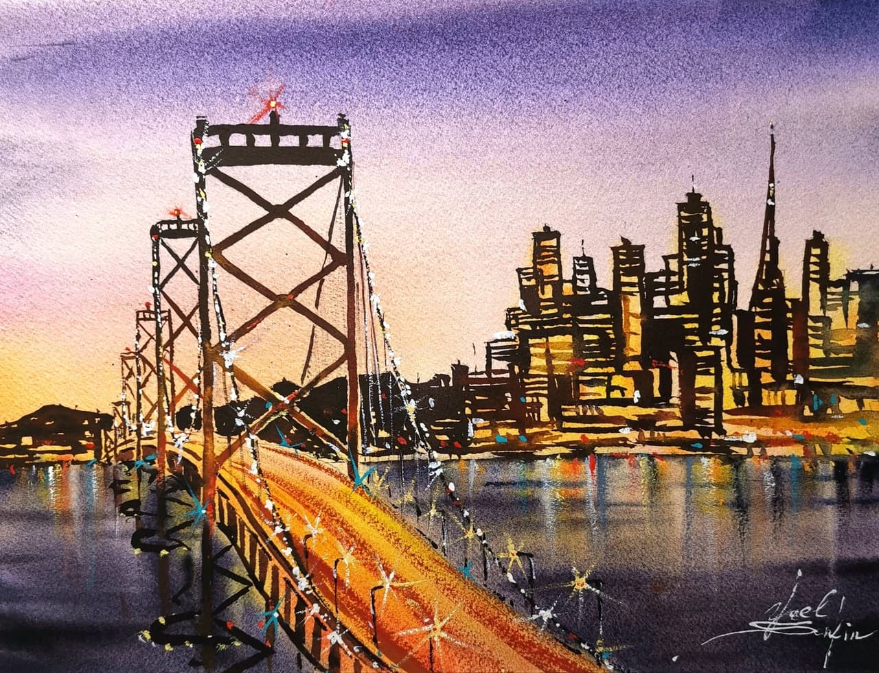 San Francisco painting Original watercolor Bay bridge artwork Oakland art California cityscape — image 1