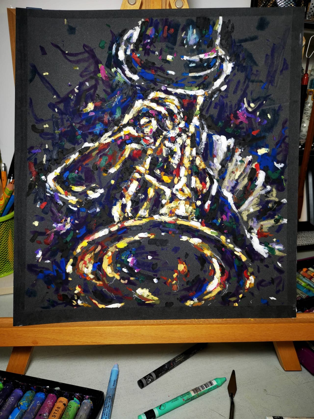 Original Oil pastel Jazz Saxophonist Painting - Musician Wall Art — image 2
