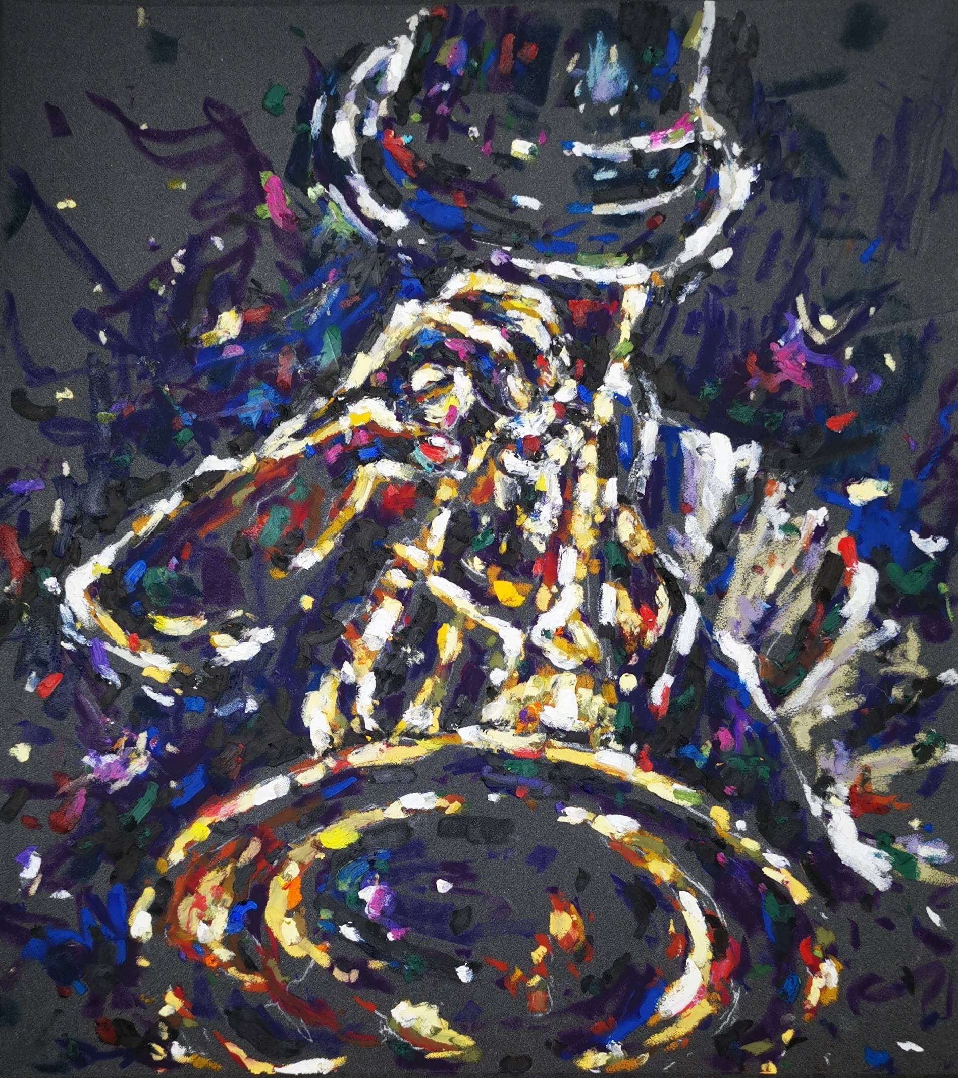 original oil pastel painting of a jazz saxophonist playing music, colorful expressive strokes, musician wall art, 12.5x12 inches