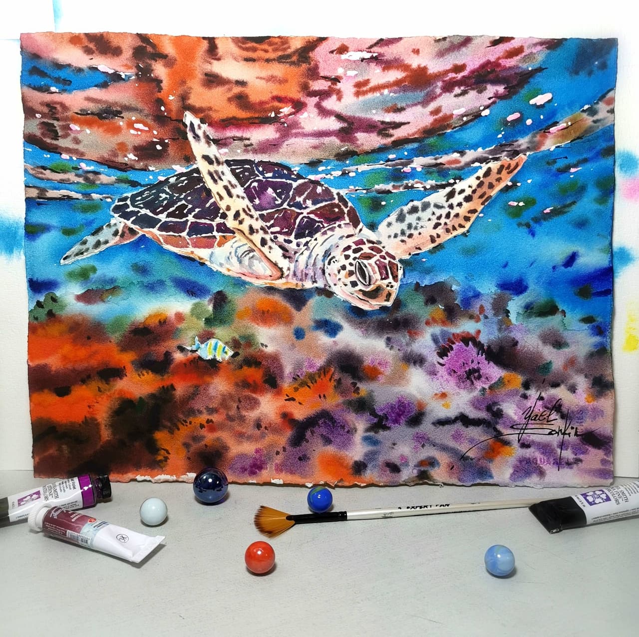 Original Watercolor Sea Turtle in Coral Reef Painting - Marine Life Wall Art — image 1