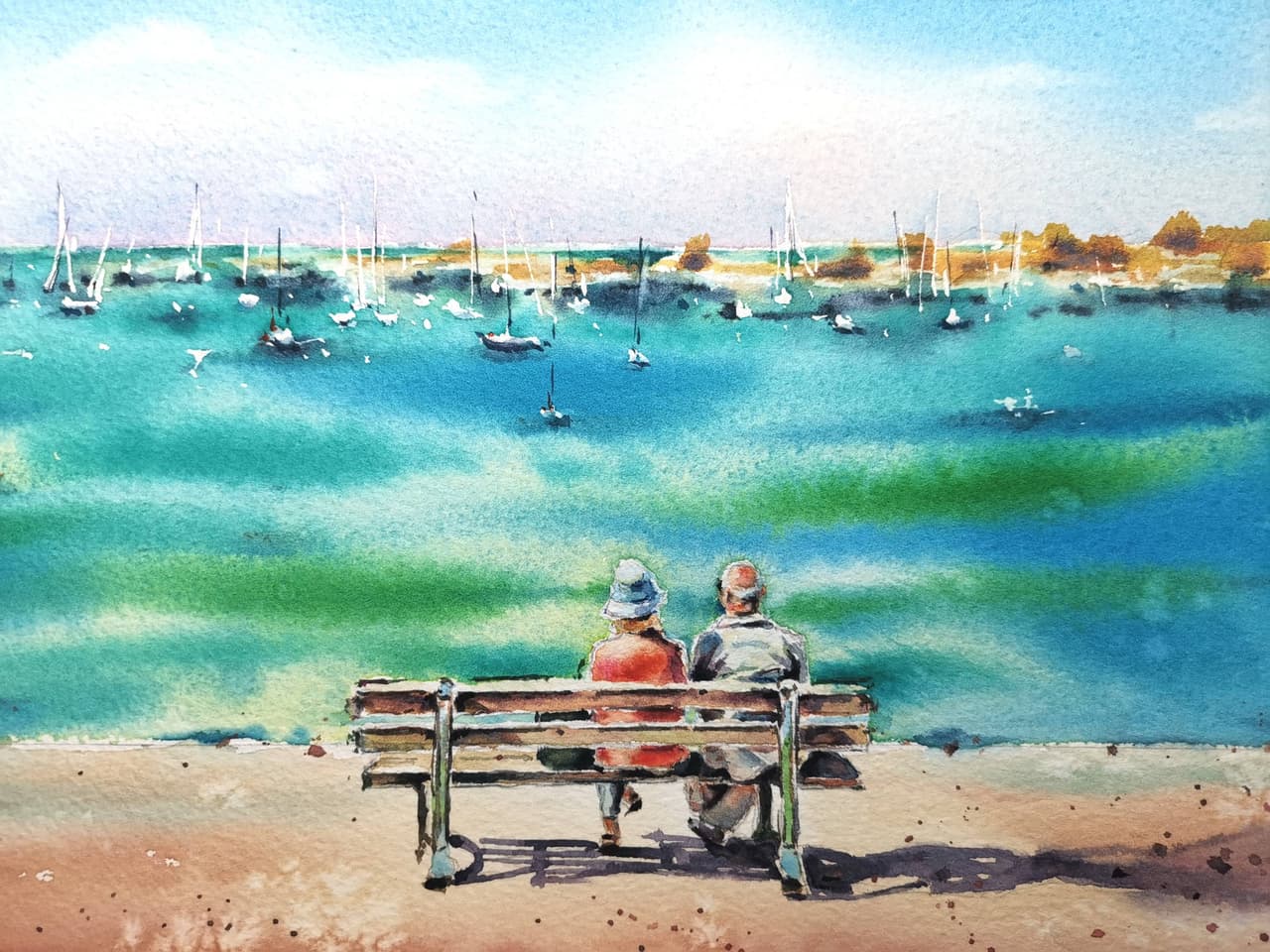 Romantic Couple Artwork Original Watercolor Seaside Art  — image 3