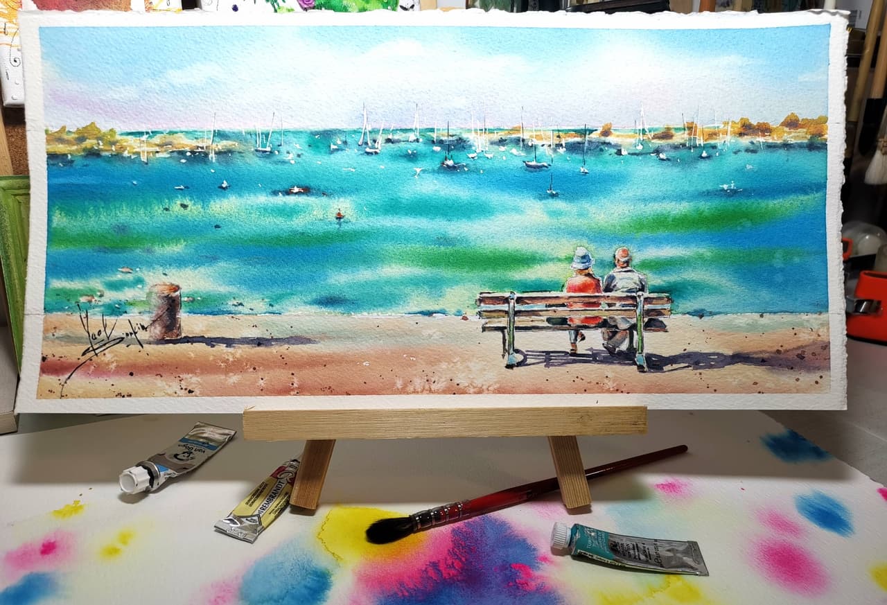 Romantic Couple Artwork Original Watercolor Seaside Art  — image 2