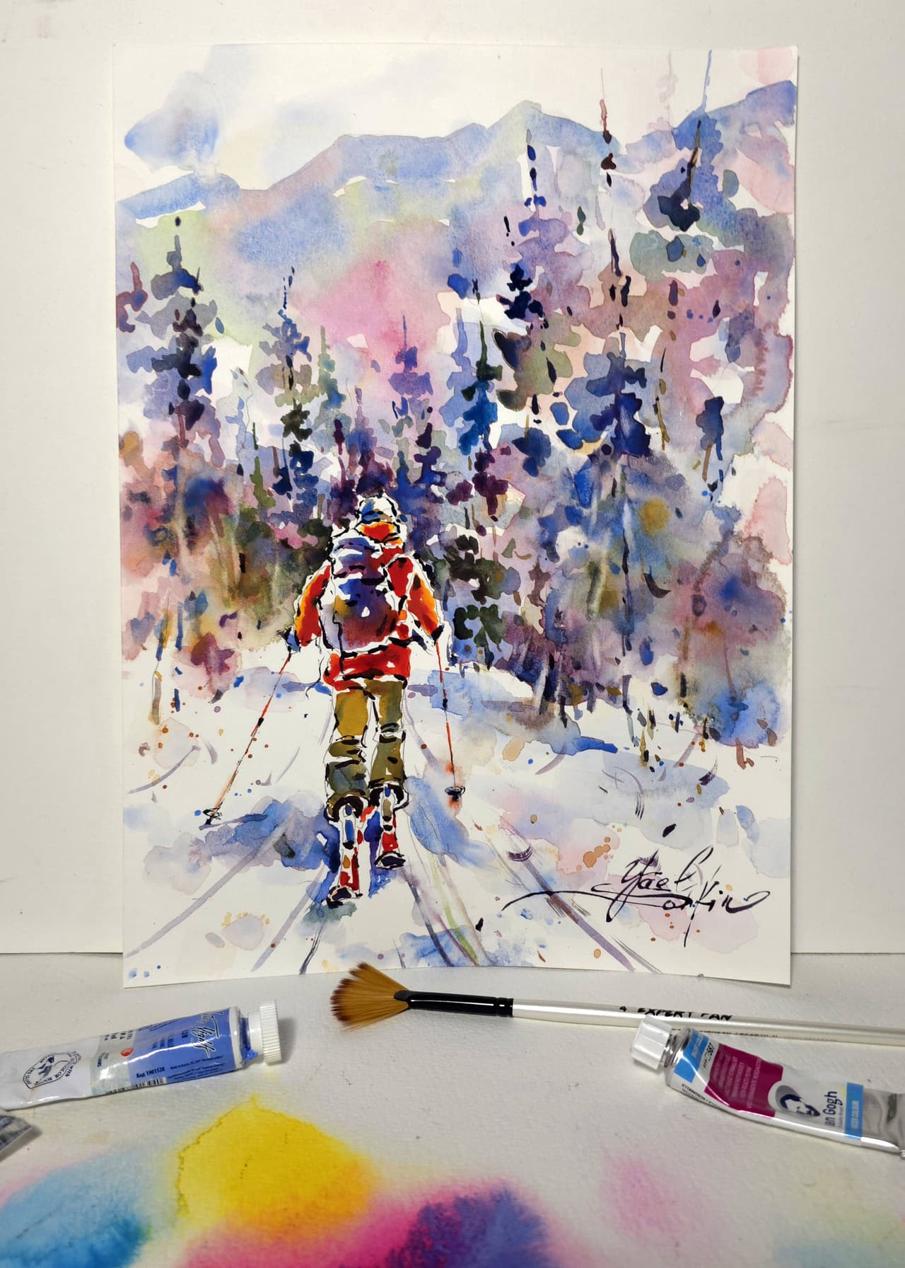 Original Watercolor Painting of Skier in Mountains - Winter Landscape Wall Art — image 4