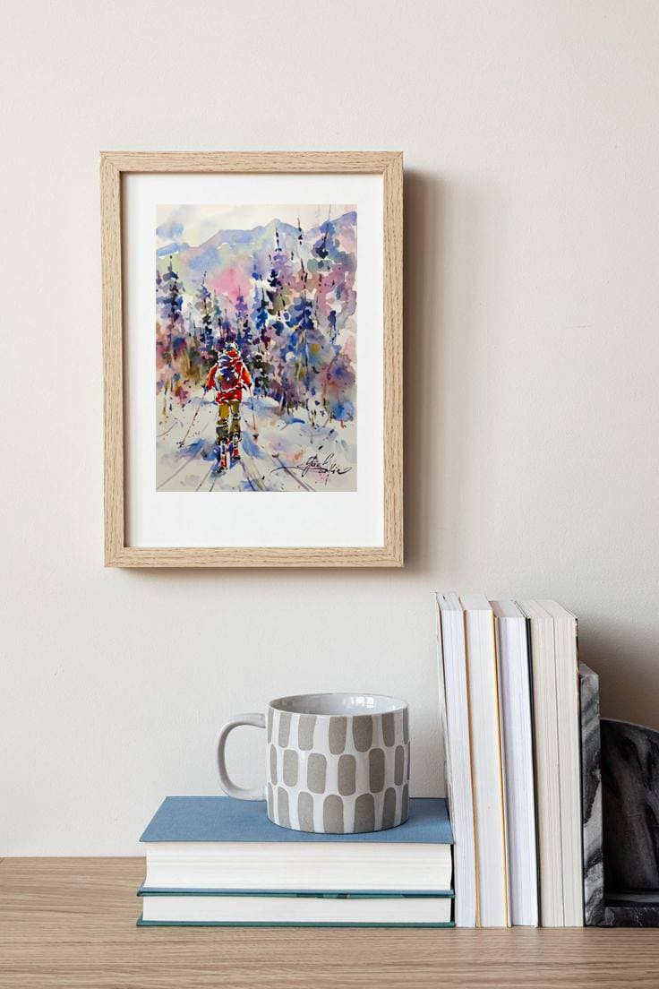 Original Watercolor Painting of Skier in Mountains - Winter Landscape Wall Art — image 2
