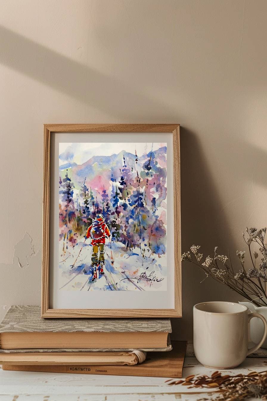 Original Watercolor Painting of Skier in Mountains - Winter Landscape Wall Art — image 3