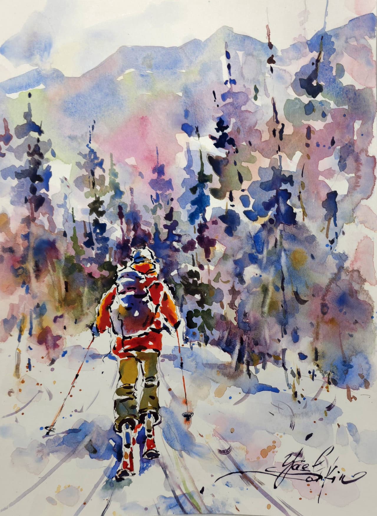 Original Watercolor Painting of Skier in Mountains - Winter Landscape Wall Art — image 1
