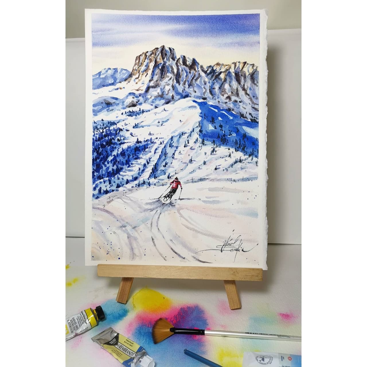 Ski painting Original watercolor painting Alps mountains artwork Skiing artwork Winter landscape — image 4